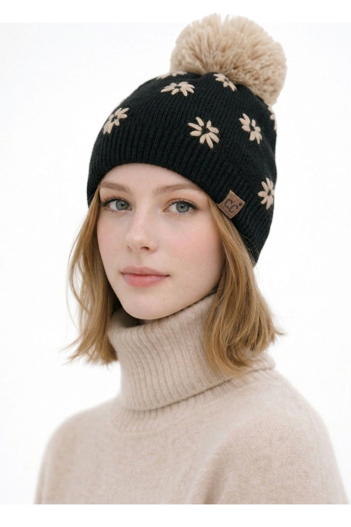 HTE0192 Daisy Embroidered Pom Beanie - MiMi Wholesale