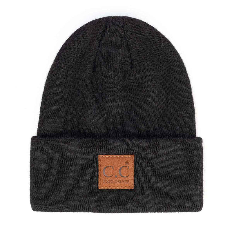 HTM9021 Unisex Soft Ribbed Leather Patch Beanie - MiMi Wholesale