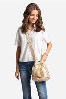 JBG221 Metallic Foil Leopard Straw Crossbody Bucket Bag - MiMi Wholesale