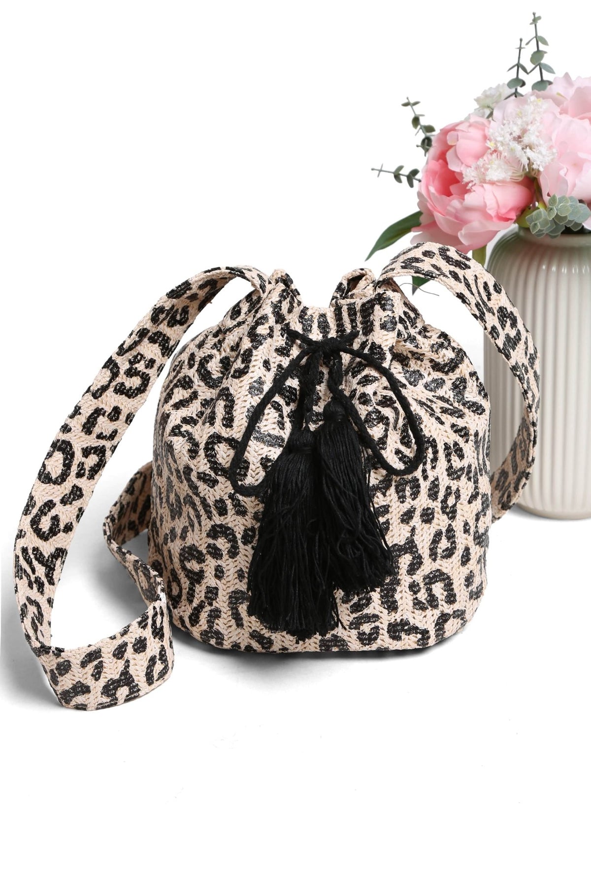 JBG221 Metallic Foil Leopard Straw Crossbody Bucket Bag - MiMi Wholesale