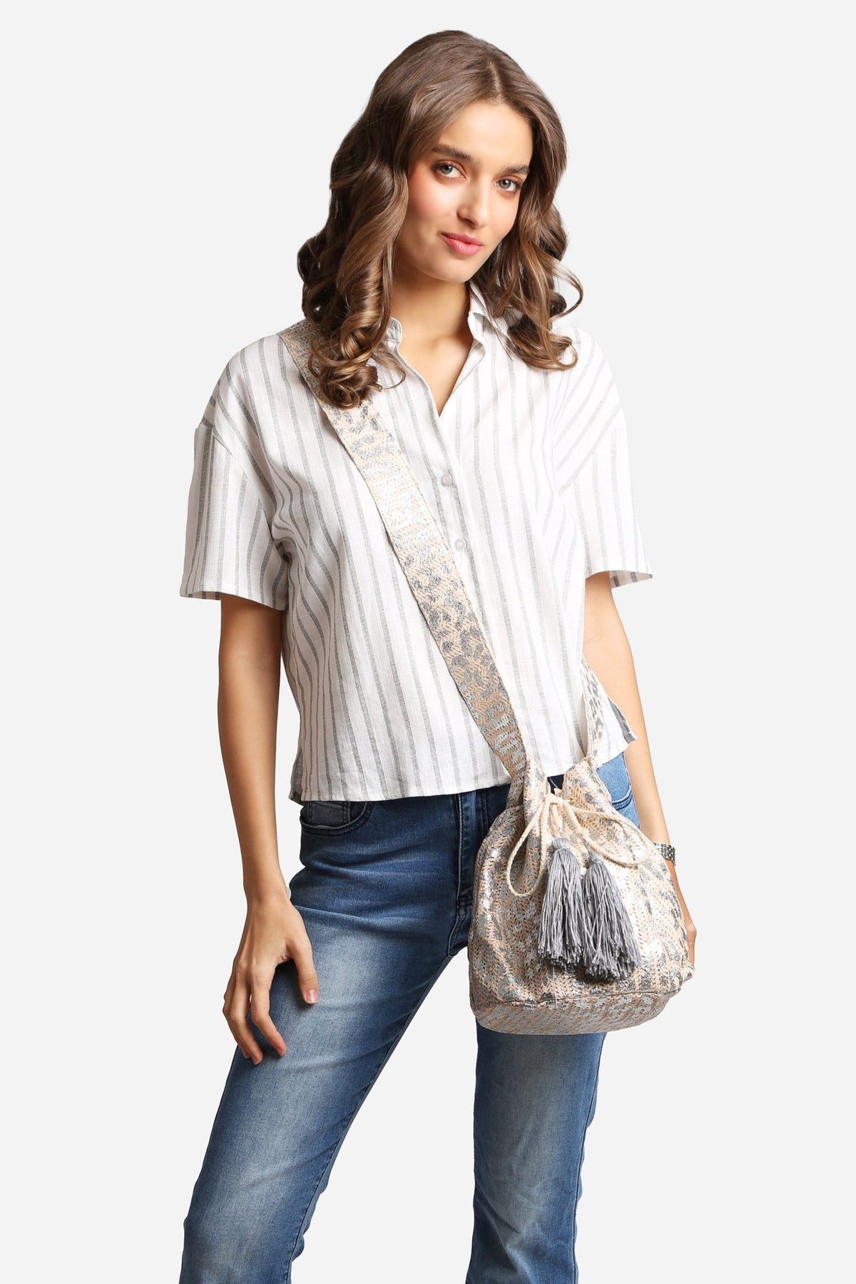 JBG221 Metallic Foil Leopard Straw Crossbody Bucket Bag - MiMi Wholesale