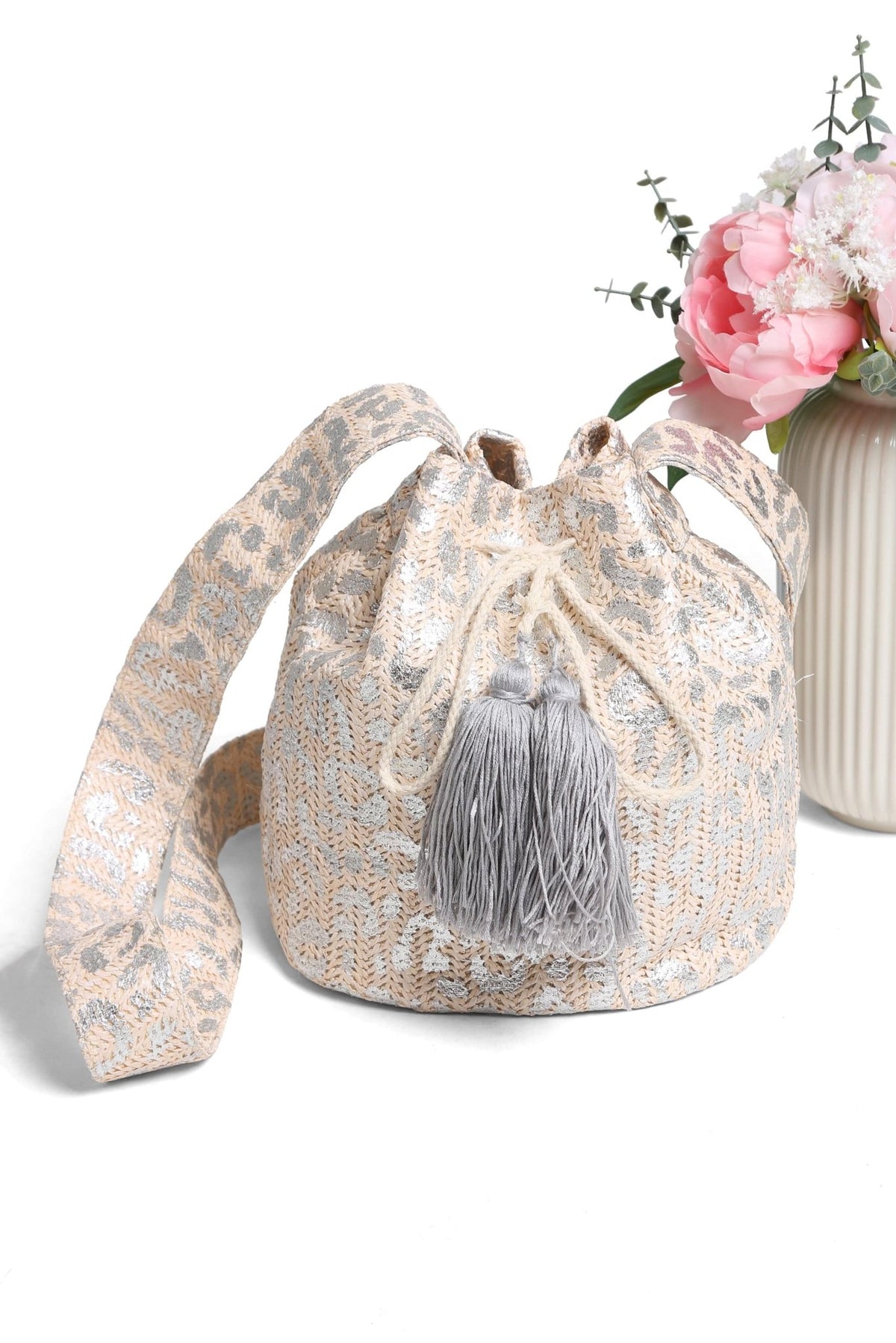 JBG221 Metallic Foil Leopard Straw Crossbody Bucket Bag - MiMi Wholesale