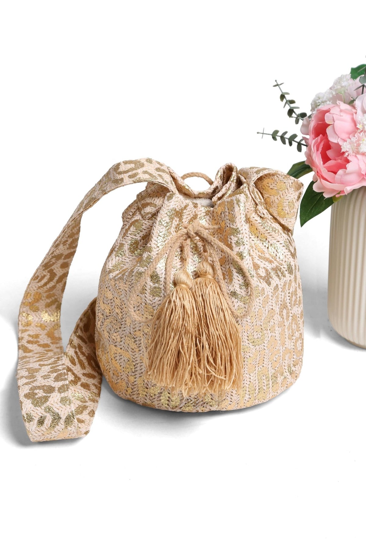 JBG221 Metallic Foil Leopard Straw Crossbody Bucket Bag - MiMi Wholesale