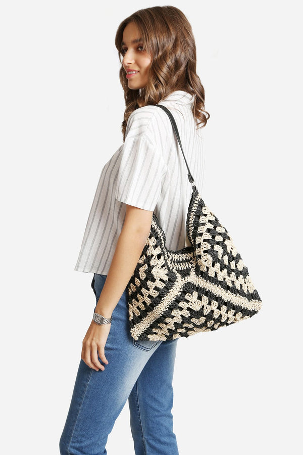 JBG230 Bianca Patterned Straw Hobo Tote Bag - MiMi Wholesale