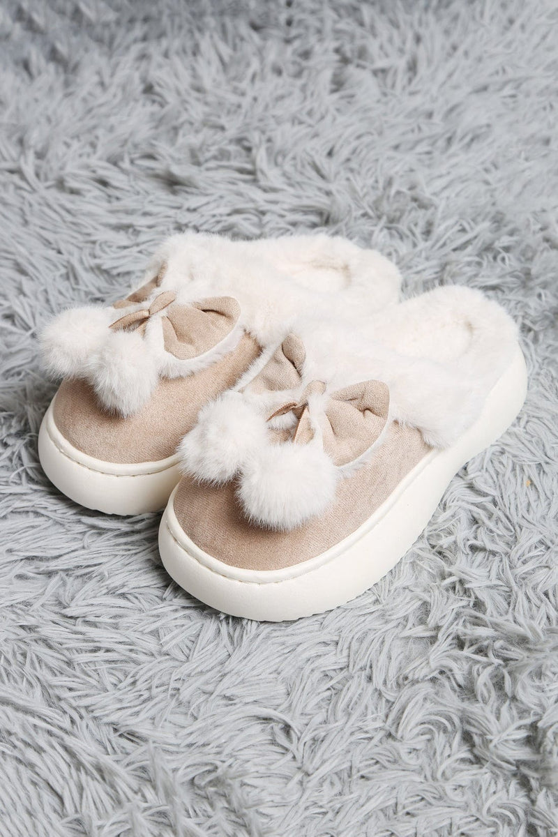 JCL6116 Superlux Faux Suede Fuzzy Bow and Pom Pom Slippers - MiMi Wholesale