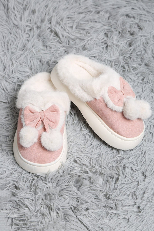 JCL6116 Superlux Faux Suede Fuzzy Bow and Pom Pom Slippers - MiMi Wholesale