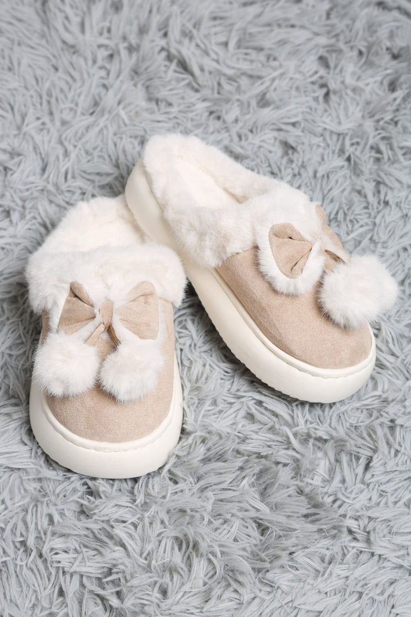 JCL6116 Superlux Faux Suede Fuzzy Bow and Pom Pom Slippers - MiMi Wholesale