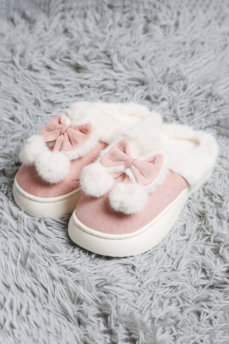 JCL6116 Superlux Faux Suede Fuzzy Bow and Pom Pom Slippers - MiMi Wholesale