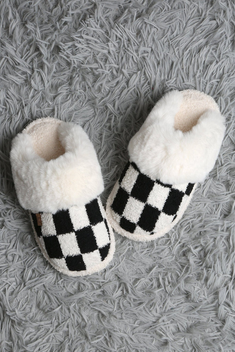 JCL6126 Super Lux Checker Faux Fur Cuff Slippers - MiMi Wholesale
