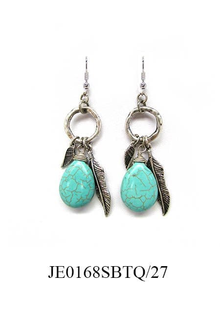 JE0168 Feather Turquoise Charm Dangle Earrings - MiMi Wholesale