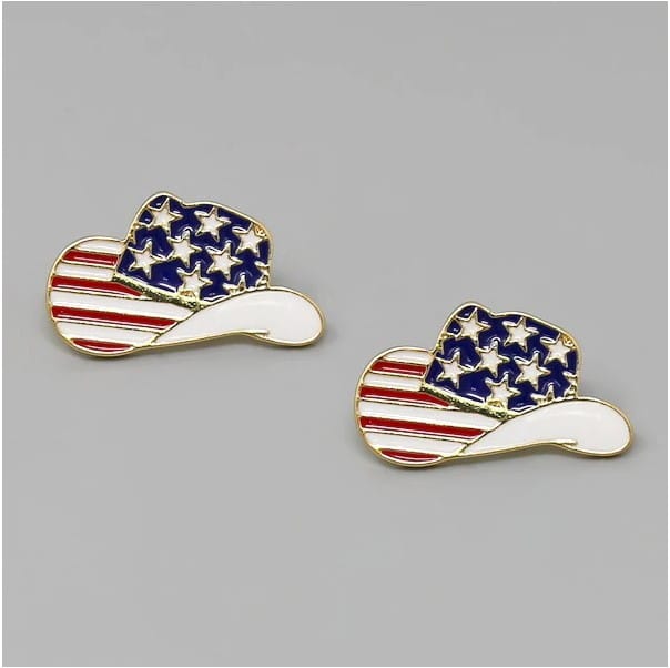 JE23094 Cowboy Hat American Flag Stud Earrings - MiMi Wholesale