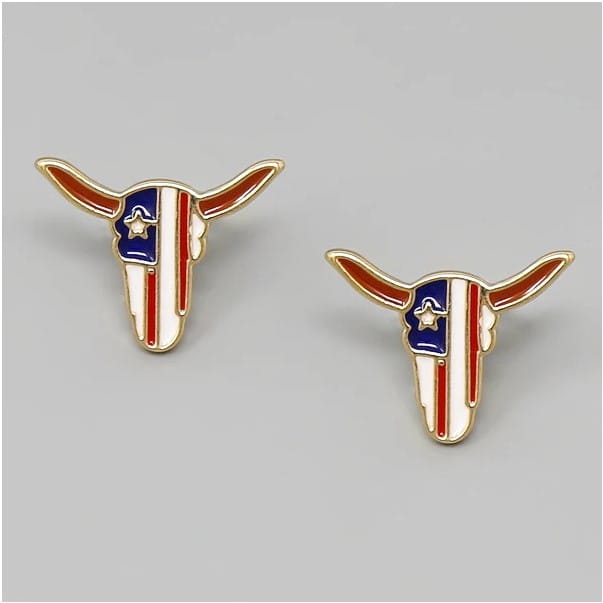 JE23097 Longhorn American Flag Stud Earrings - MiMi Wholesale