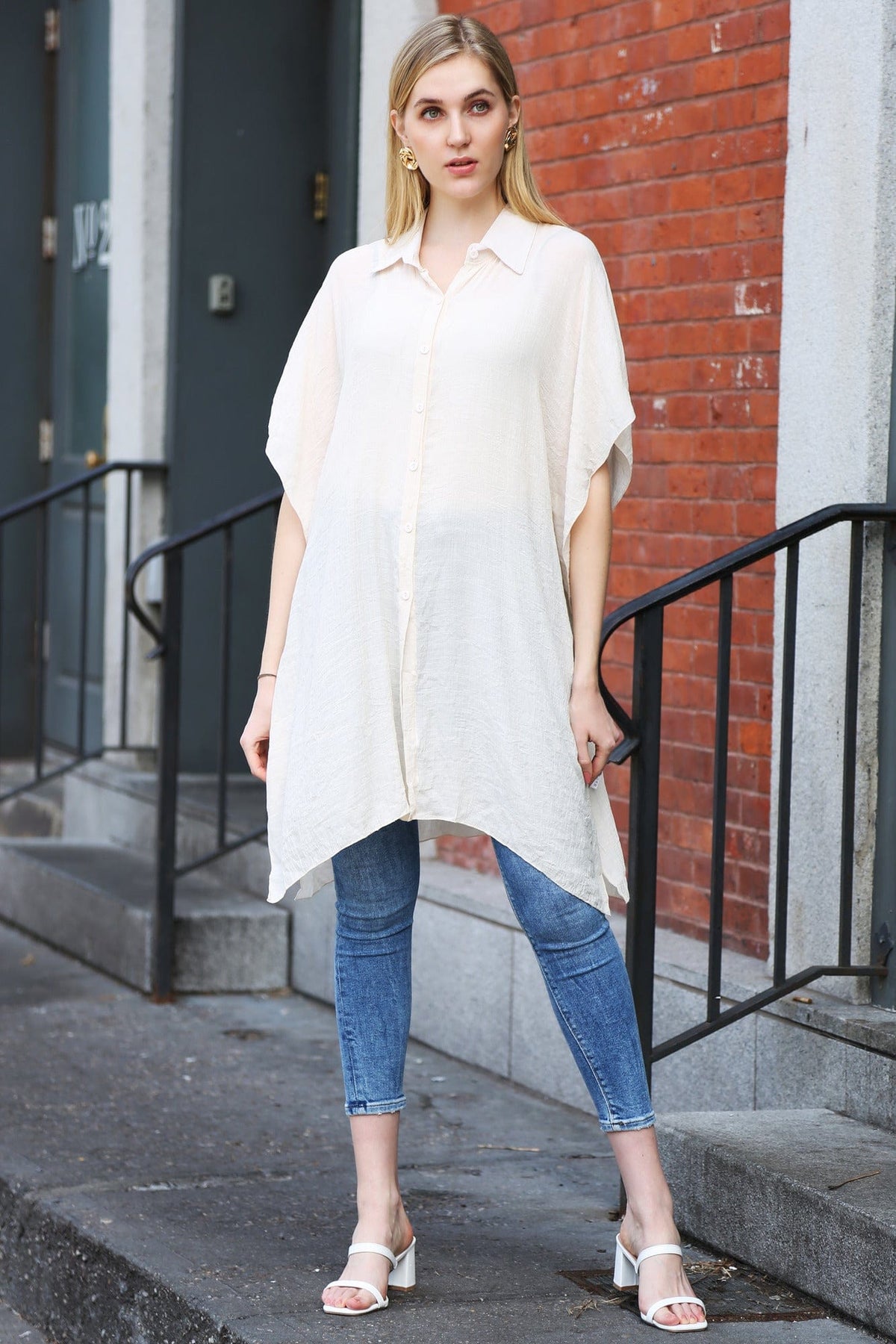 JP5009 Oversized Long Sleeveless Button Up Shirt - MiMi Wholesale