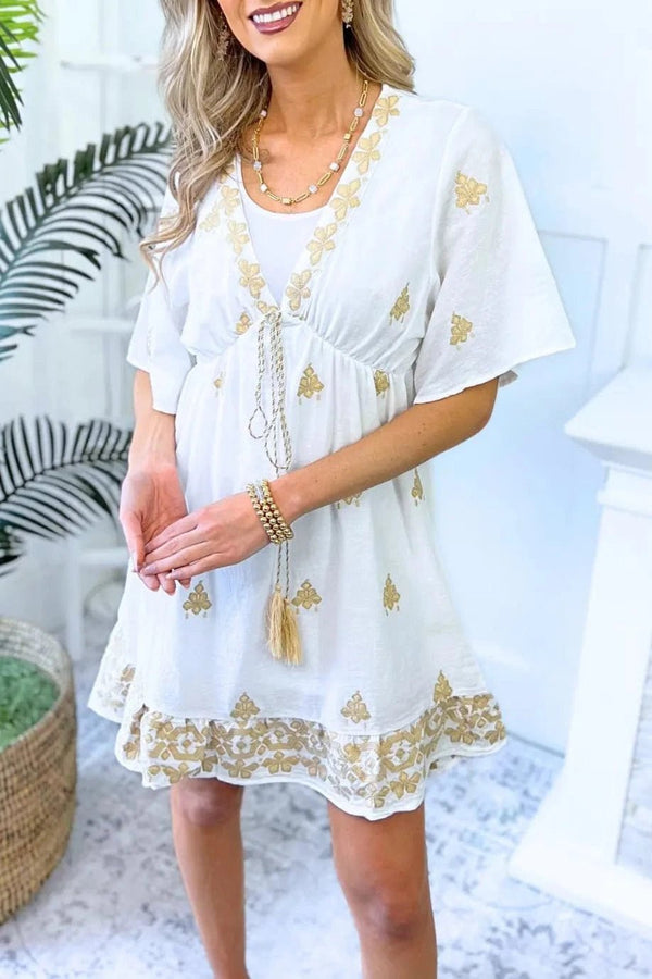 JP6005 Stella Embroidered Cover Up Dress With Tassel Ties - MiMi Wholesale