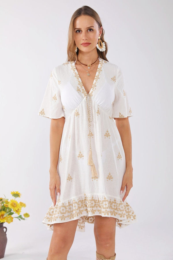 JP6005 Stella Embroidered Cover Up Dress With Tassel Ties - MiMi Wholesale