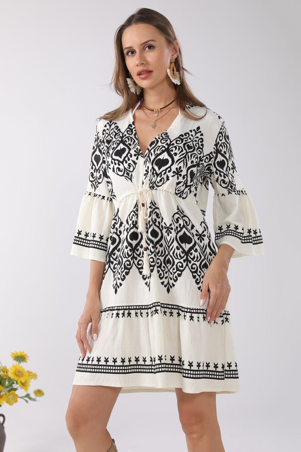 JP6020 Stormi Mixed Print Cover Up Dress With Tassel Ties - MiMi Wholesale