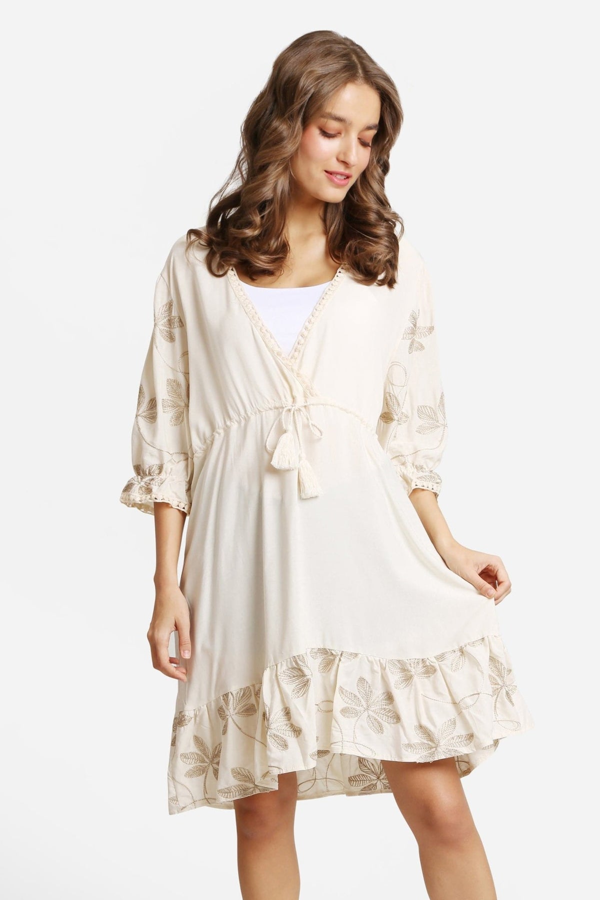 JP6027 Embroidered Leaves Cover Up/Dress With Tassel Ties - MiMi Wholesale