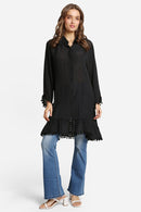 JP6054 Oversized Button Up Long Sleeve Shirt With Pom Pom Trim - MiMi Wholesale