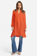 JP6054 Oversized Button Up Long Sleeve Shirt With Pom Pom Trim - MiMi Wholesale