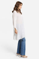 JP6054 Oversized Button Up Long Sleeve Shirt With Pom Pom Trim - MiMi Wholesale
