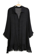 JP6054 Oversized Button Up Long Sleeve Shirt With Pom Pom Trim - MiMi Wholesale