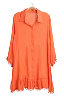 JP6054 Oversized Button Up Long Sleeve Shirt With Pom Pom Trim - MiMi Wholesale