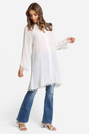 JP6054 Oversized Button Up Long Sleeve Shirt With Pom Pom Trim - MiMi Wholesale