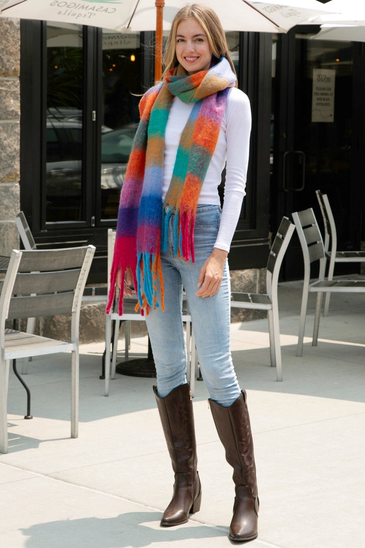 JS2415 Plaid Oblong Scarf with Fringe - MiMi Wholesale