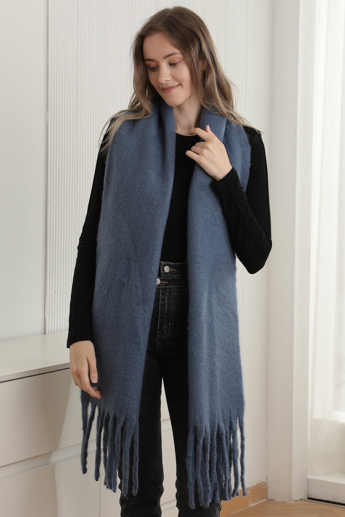 JS2416 Solid color Oblong Scarf with Fringe - MiMi Wholesale