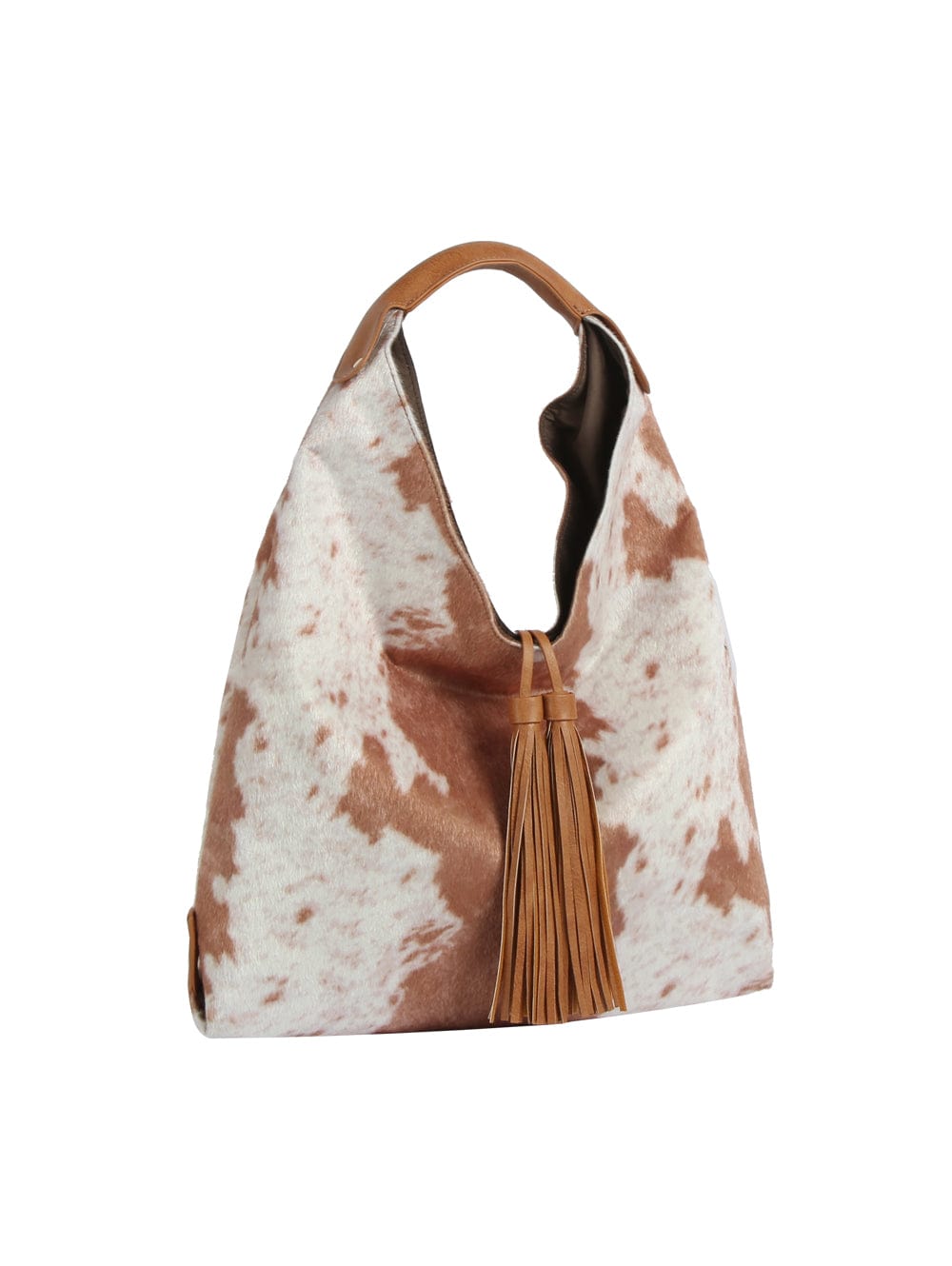 JY0567 Faux Suede Cow Print Hobo Tote Bag With Tassels - MiMi Wholesale