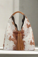 JY0567 Faux Suede Cow Print Hobo Tote Bag With Tassels - MiMi Wholesale