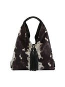 JY0567 Faux Suede Cow Print Hobo Tote Bag With Tassels - MiMi Wholesale