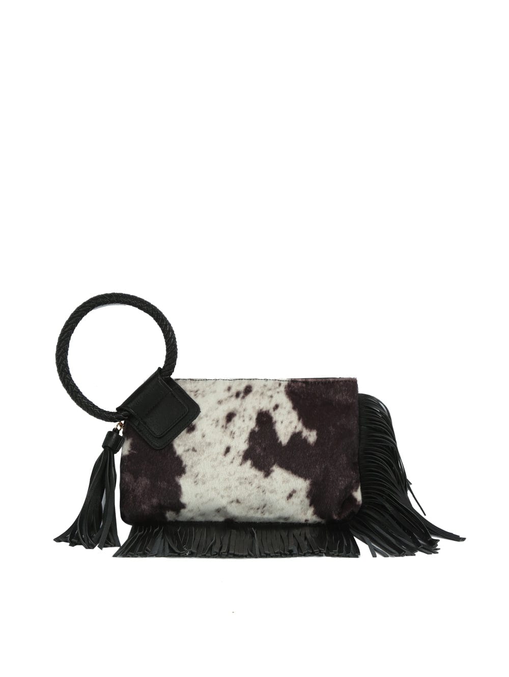 JY0568 Faux Suede Cow Print Fringe Wristlet/Clutch With Tassel - MiMi Wholesale