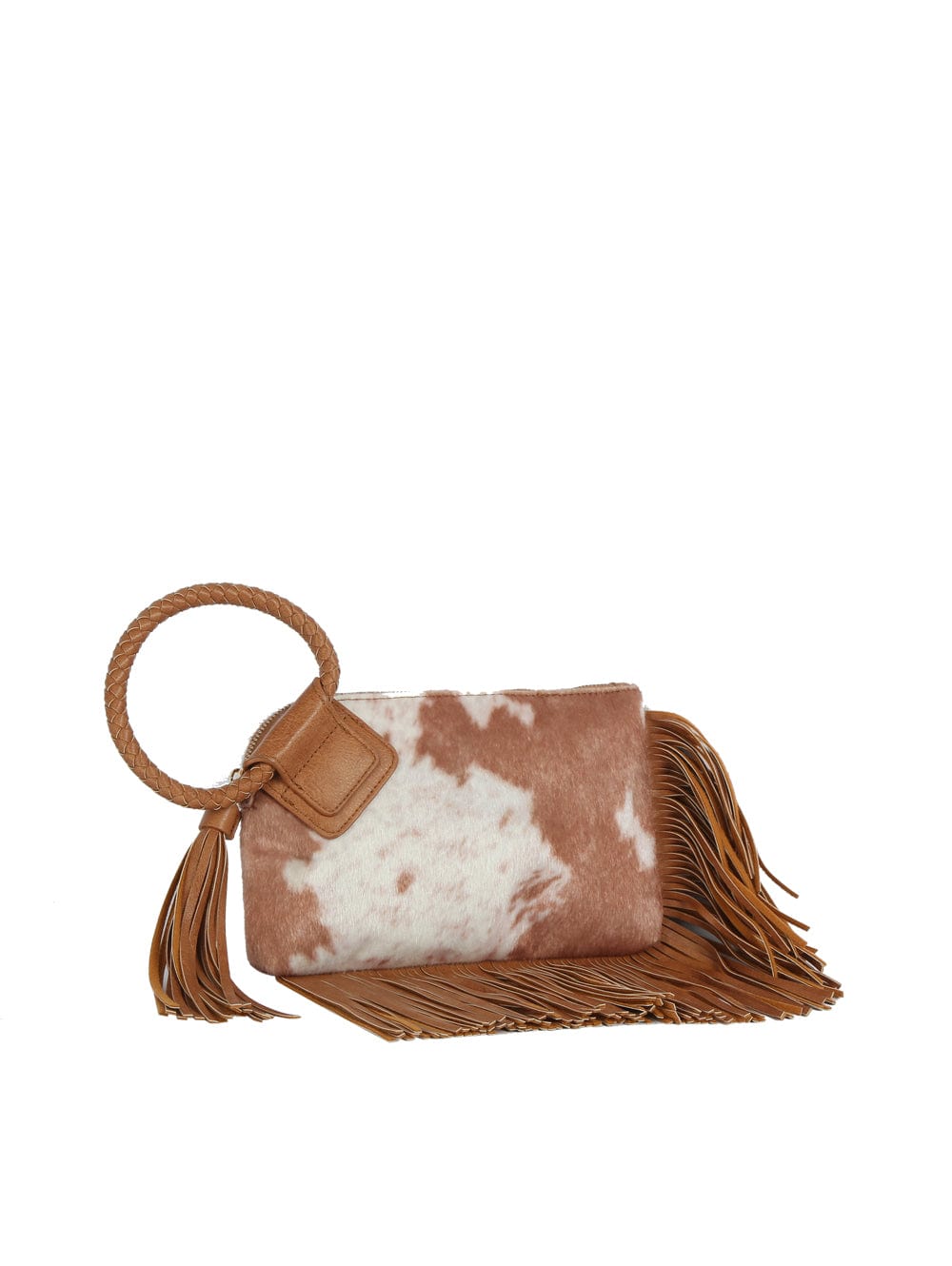 JY0568 Faux Suede Cow Print Fringe Wristlet/Clutch With Tassel - MiMi Wholesale