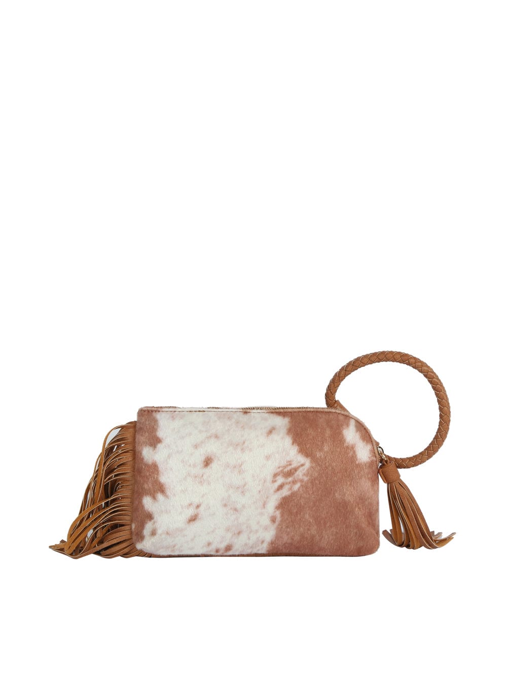 JY0568 Faux Suede Cow Print Fringe Wristlet/Clutch With Tassel - MiMi Wholesale