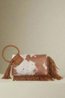 JY0568 Faux Suede Cow Print Fringe Wristlet/Clutch With Tassel - MiMi Wholesale