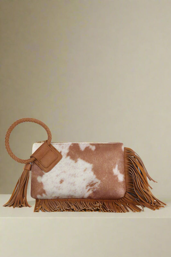JY0568 Faux Suede Cow Print Fringe Wristlet/Clutch With Tassel - MiMi Wholesale