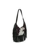 JY0569 Faux Suede Cow Print Fringe Hobo Bag - MiMi Wholesale