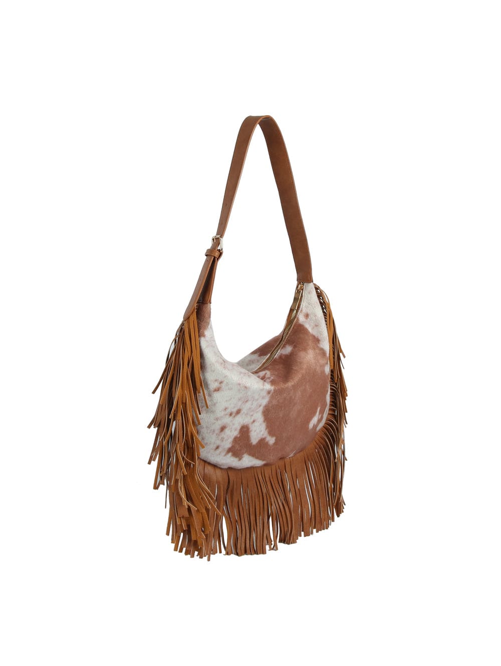 JY0569 Faux Suede Cow Print Fringe Hobo Bag - MiMi Wholesale