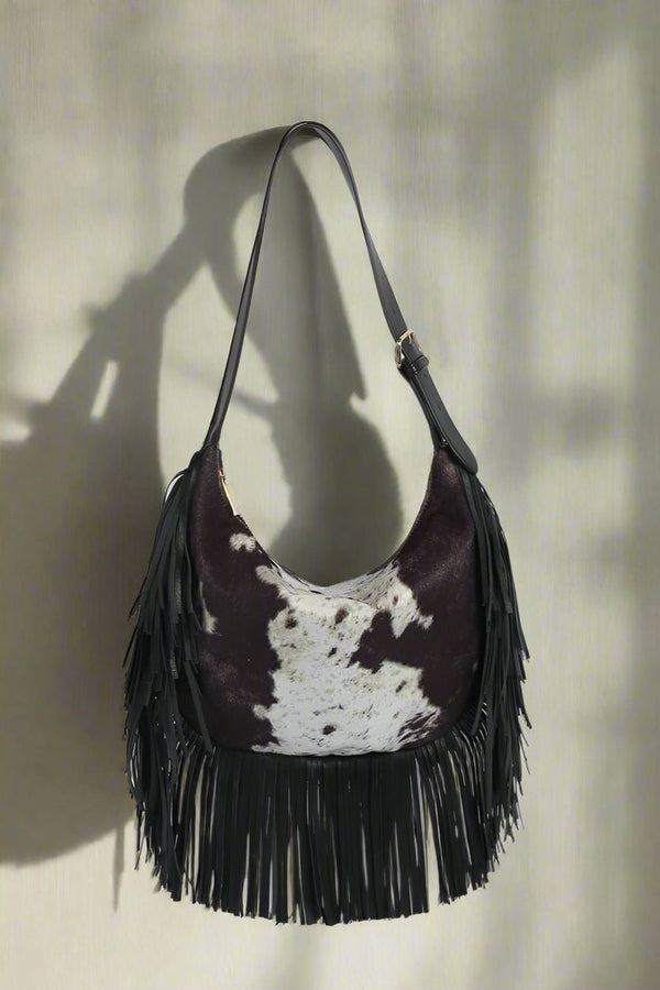 JY0569 Faux Suede Cow Print Fringe Hobo Bag - MiMi Wholesale