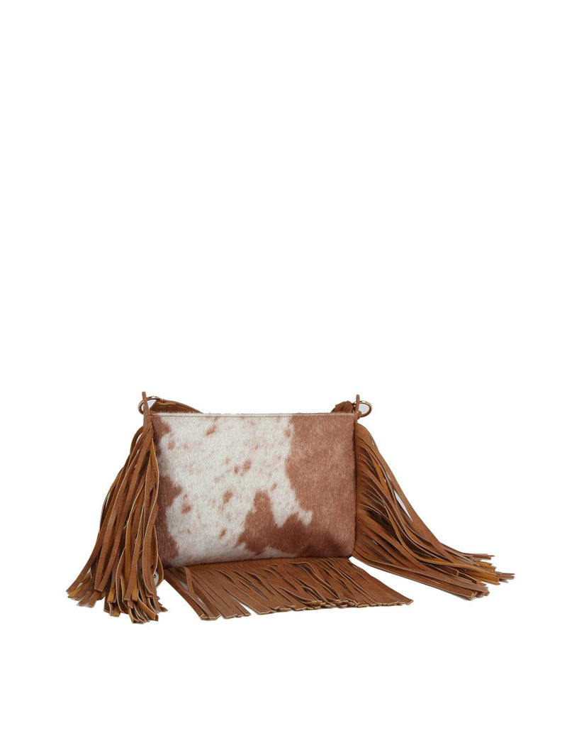 JY0571 Faux Suede Cow Print Fringe Crossbody Bag - MiMi Wholesale