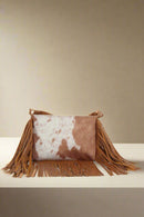 JY0571 Faux Suede Cow Print Fringe Crossbody Bag - MiMi Wholesale