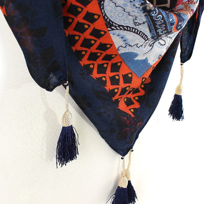 JZ - 13 - BL Geometry Print Square Tassel Scarf lo - MiMi Wholesale