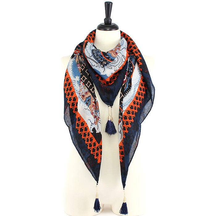 JZ - 13 - BL Geometry Print Square Tassel Scarf lo - MiMi Wholesale