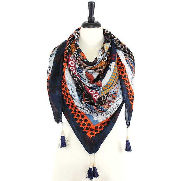 JZ - 13 - BL Geometry Print Square Tassel Scarf lo - MiMi Wholesale