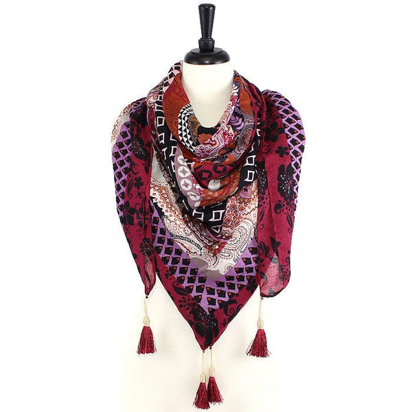 JZ - 13 - BU Geometry Print Square Tassel Scarf - MiMi Wholesale