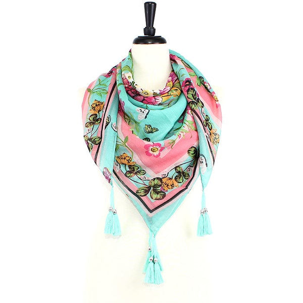 JZ - 7 - G Flower Print Square Tassel Scarf - MiMi Wholesale