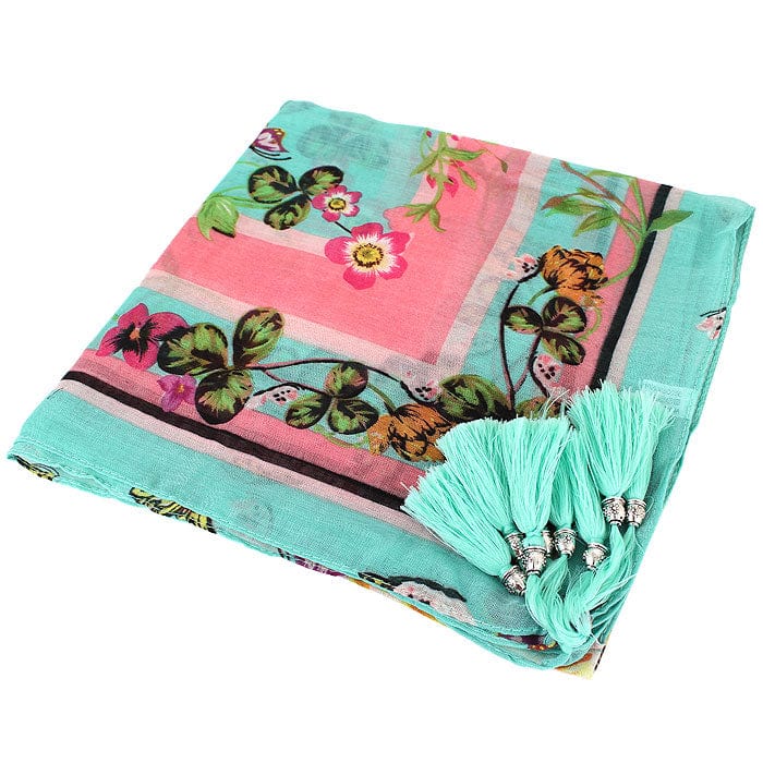 JZ - 7 - G Flower Print Square Tassel Scarf - MiMi Wholesale