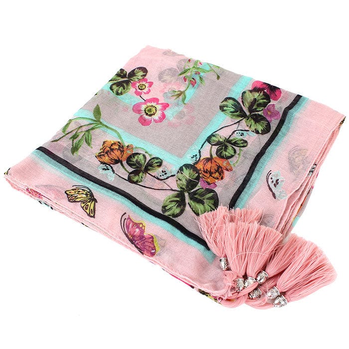 JZ - 7 - P Flower Print Square Tassel Scarf - MiMi Wholesale