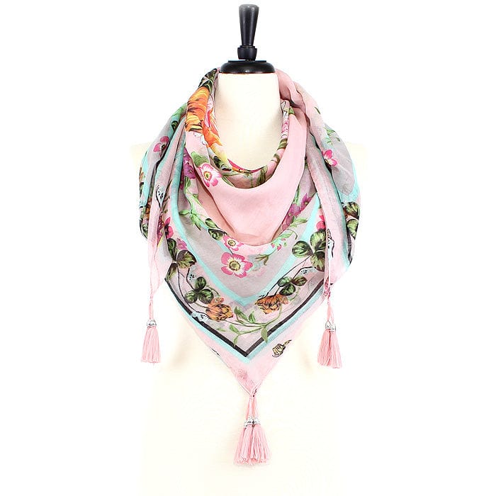 JZ - 7 - P Flower Print Square Tassel Scarf - MiMi Wholesale